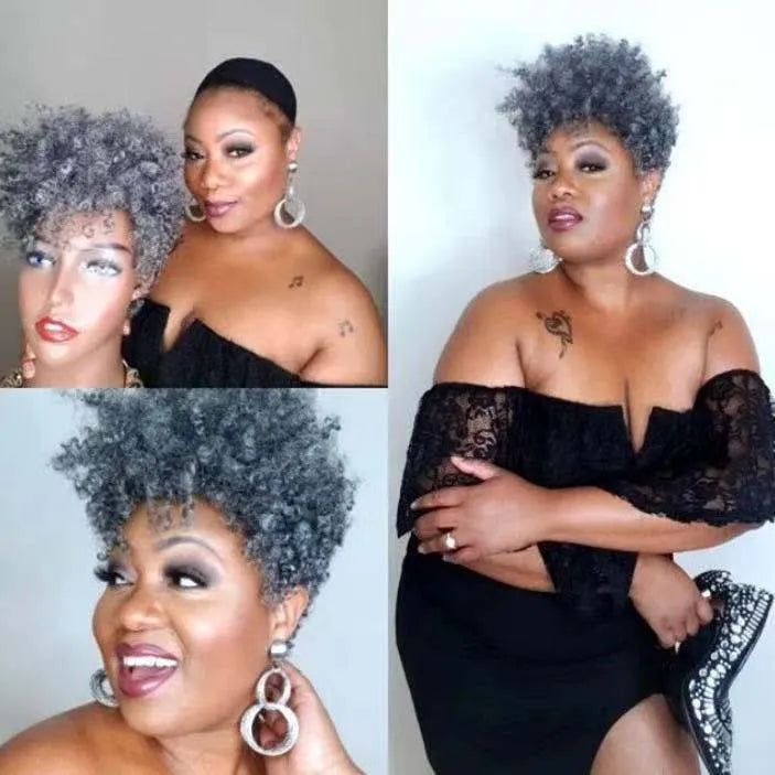 Women's short synthetic wig with curly rolls style in Kanekalon, shown in black.
