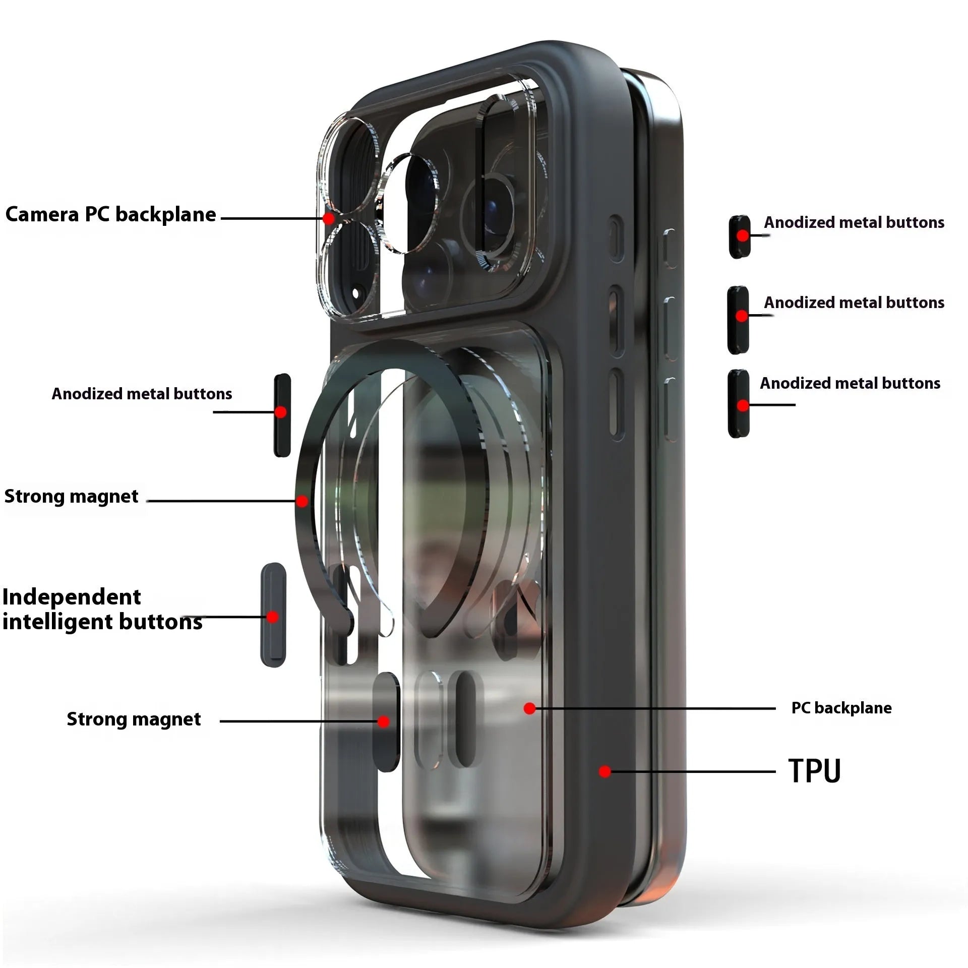 iPhone 17 Pro Max two-in-one magnetic phone case in black, dark blue, and white colours showing shockproof design