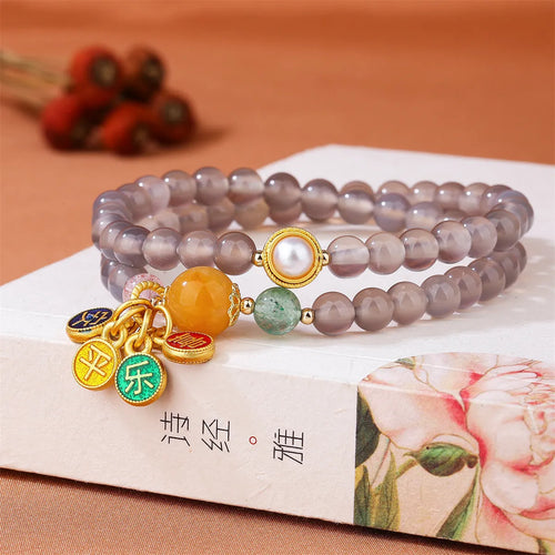 Natural gray agate bracelet with two-circle design and retro styling for women