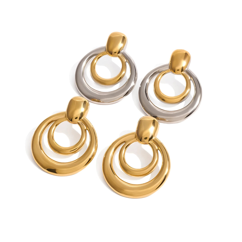 Golden titanium steel round stud earrings with double-layer hollow geometric design