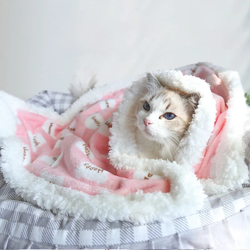 Thick lamb fleece pet dog blanket soft flannel cat cushion in blue on a wooden floor