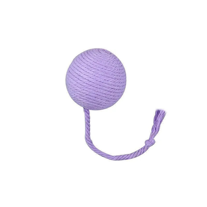 Colourful cat toy ball with an attached rope and built-in bell for kittens, shown in green, pink, purple, and yellow.