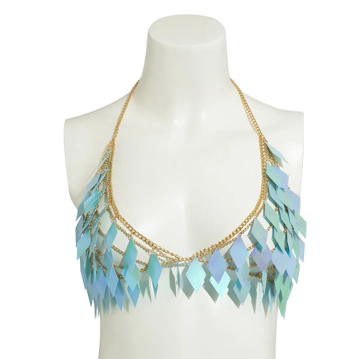Women's geometric electroplated plastic body chain in orange colour on casual beach setting