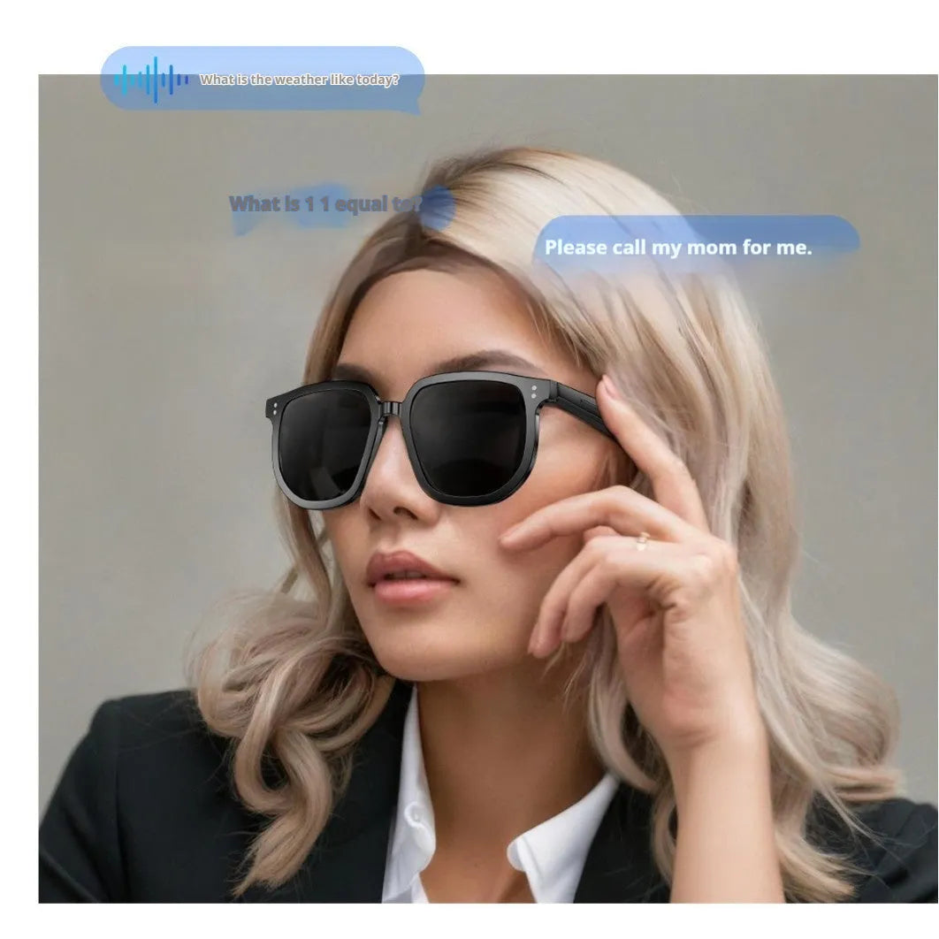 Black AI smart glasses with Bluetooth audio, touch controls, and UV-protective PC lenses.