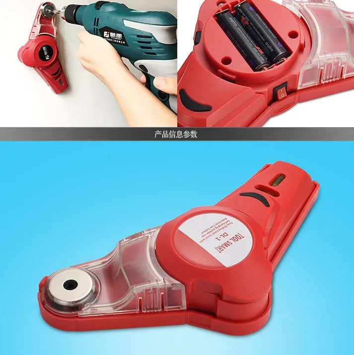 Red portable laser positioning level tool for woodworking and punching alignment on a workbench.
