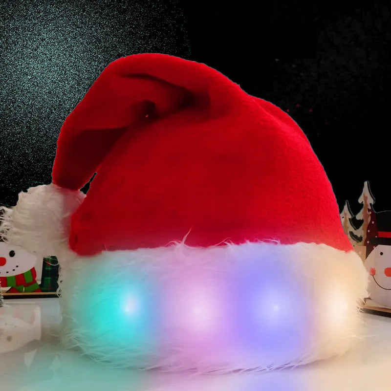 Red and white plush Santa Christmas hat with LED lights glowing, showing pom-pom and stretchy spandex material.