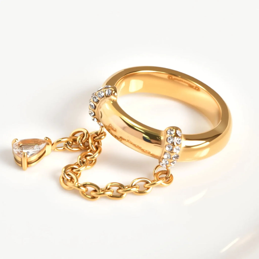 Gold rhinestone-encrusted chain ring for women, 304 stainless steel, geometric shape, sizes No 6 No 7 No 8
