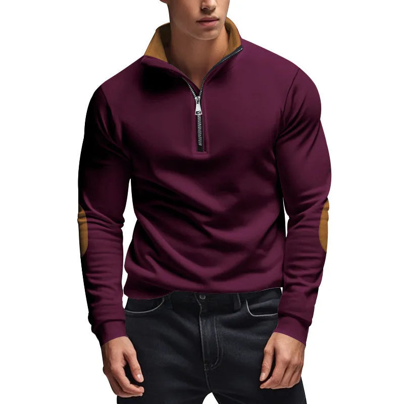 Men's black thick turtleneck half placket zipper pullover sweater on white background