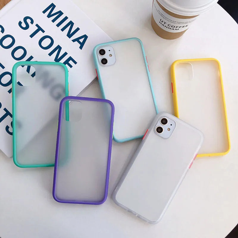 Frosted silicone phone case for iPhone in ten colours, including Black, Red, and Sky Blue.