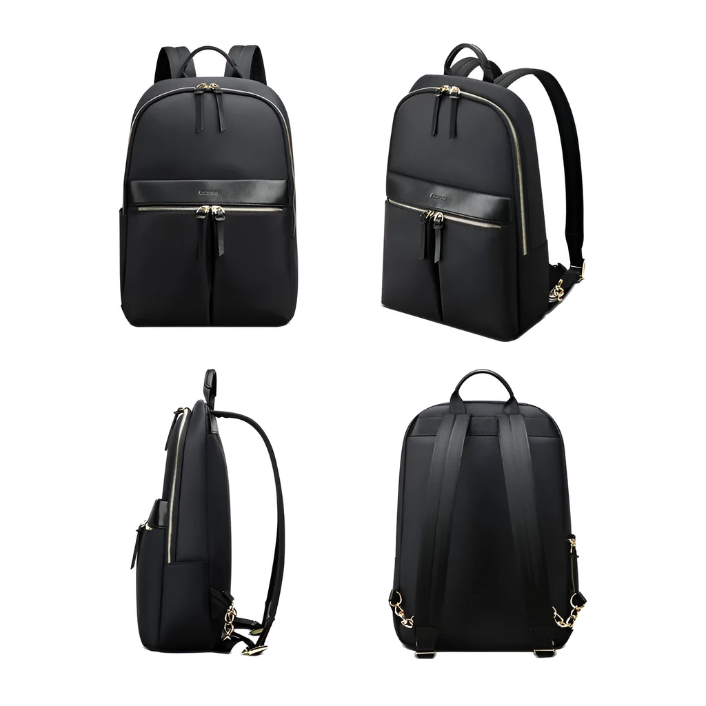 Women's nylon backpack computer bag under 20L with zip closure, laptop insert, phone pocket and certificate bag in Black or Pink