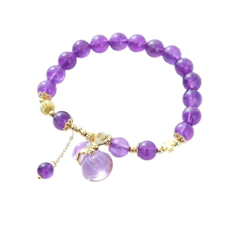 Purple amethyst crystal bracelet with geometric beads showing money bag charm and peace buckle pendant options