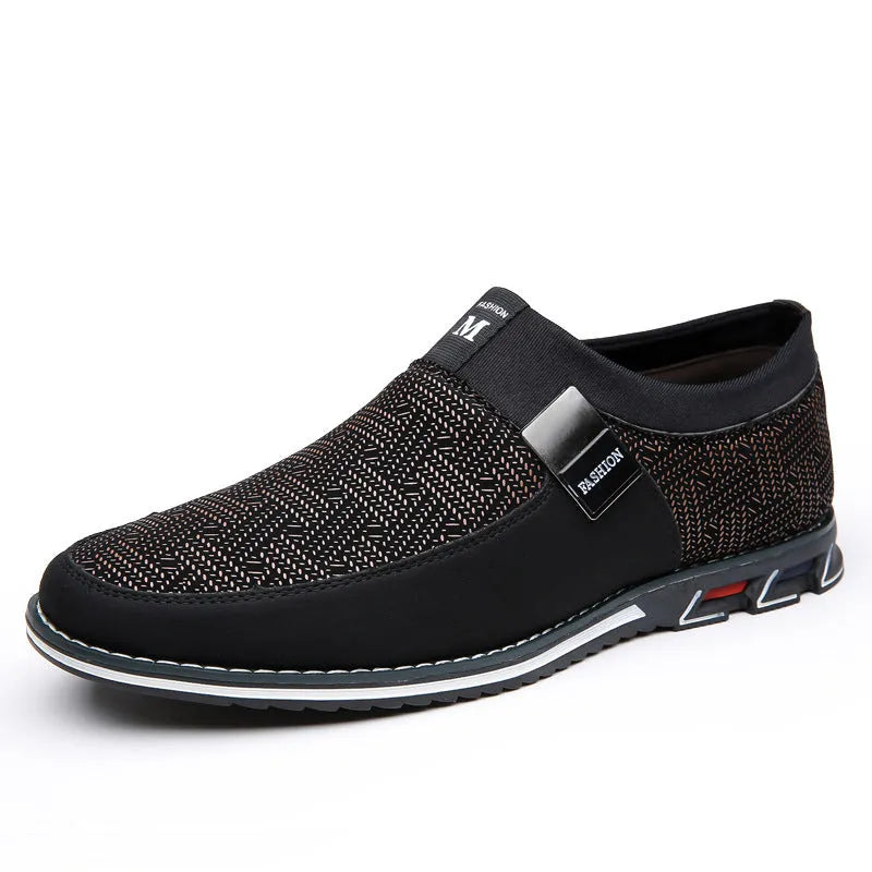 Men's grey and white low-top casual shoes with a square toe and flat rubber sole.