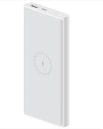 Black and white large capacity 10000mAh power bank showing USB-C port and wireless charging symbol.