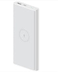 Black and white large capacity 10000mAh power bank showing USB-C port and wireless charging symbol.