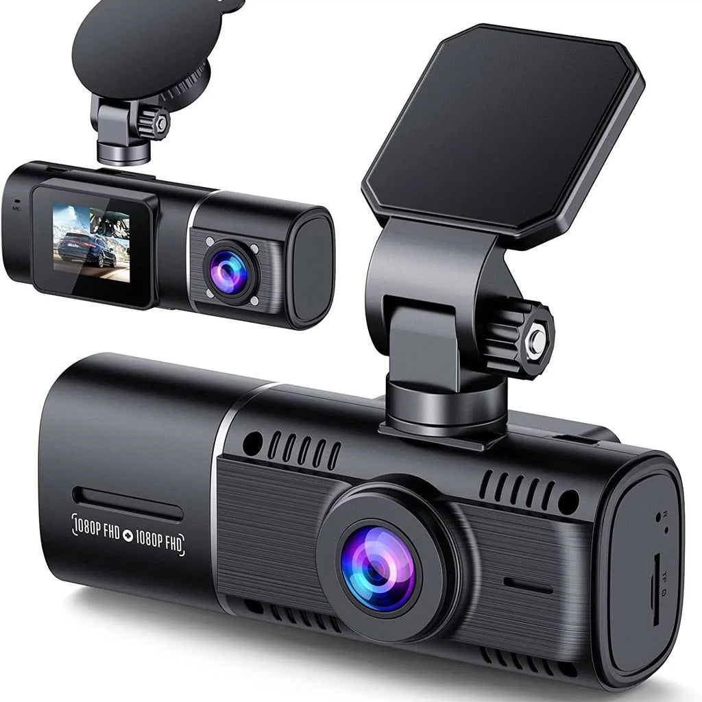 Black dual-channel car dash cam with 1.5-inch screen mounted on windshield next to rear-view mirror.