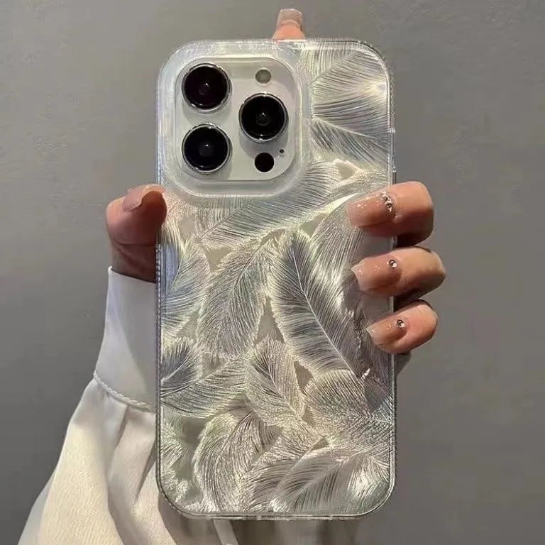 Silver grey feather pattern gradient phone case with three-dimensional relief for iPhone models