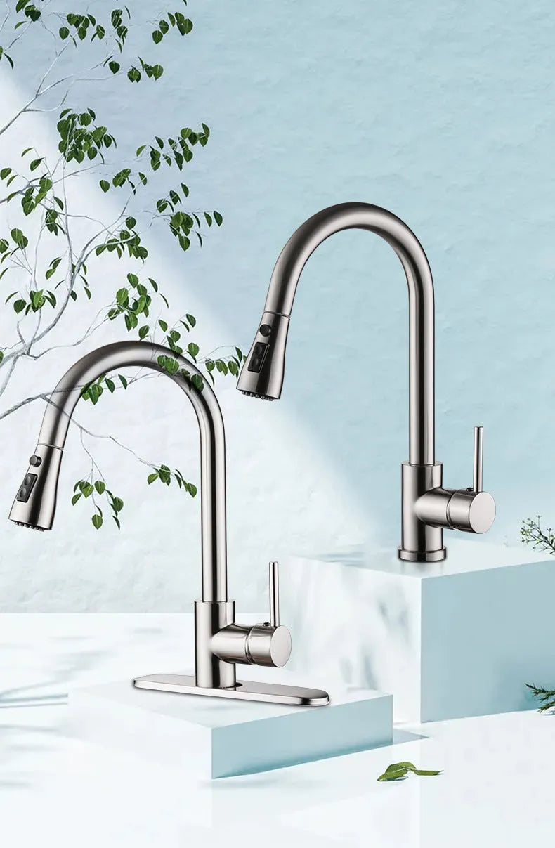 Pull-out hot and cold kitchen faucet with brushed copper finish and single lever lift on a kitchen sink
