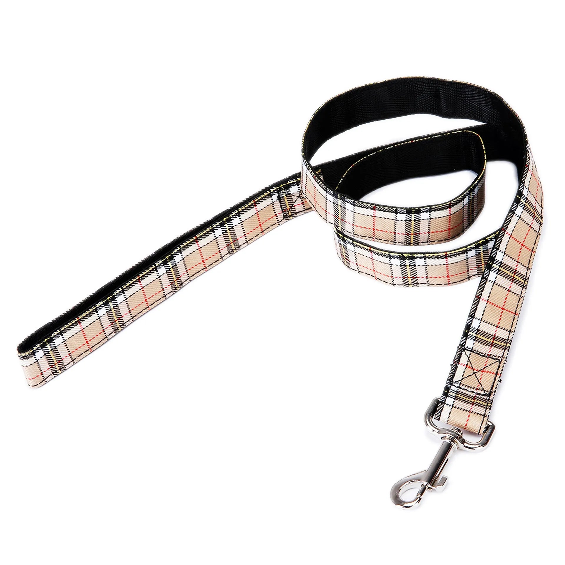 Black plaid stripe pet traction rope with hand loop, measuring 120cm long.