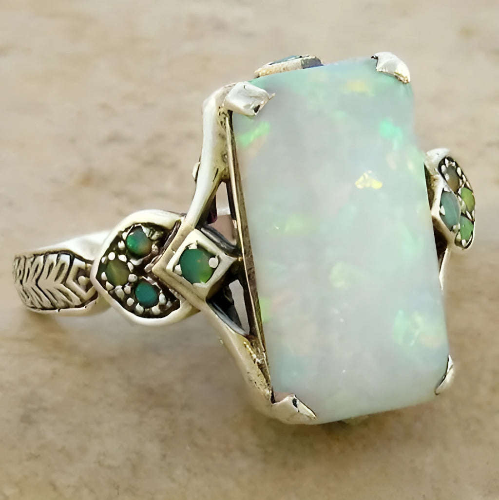 Rectangular white opal ancient silver ring ornament on silver alloy band, geometric style, available in sizes 6 to 10.