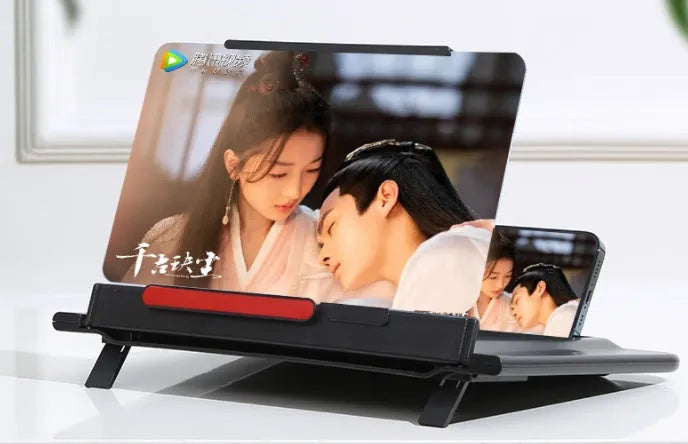 Black and white 12-inch pull-out screen amplifier showing horizontal and vertical positioning with mobile phone