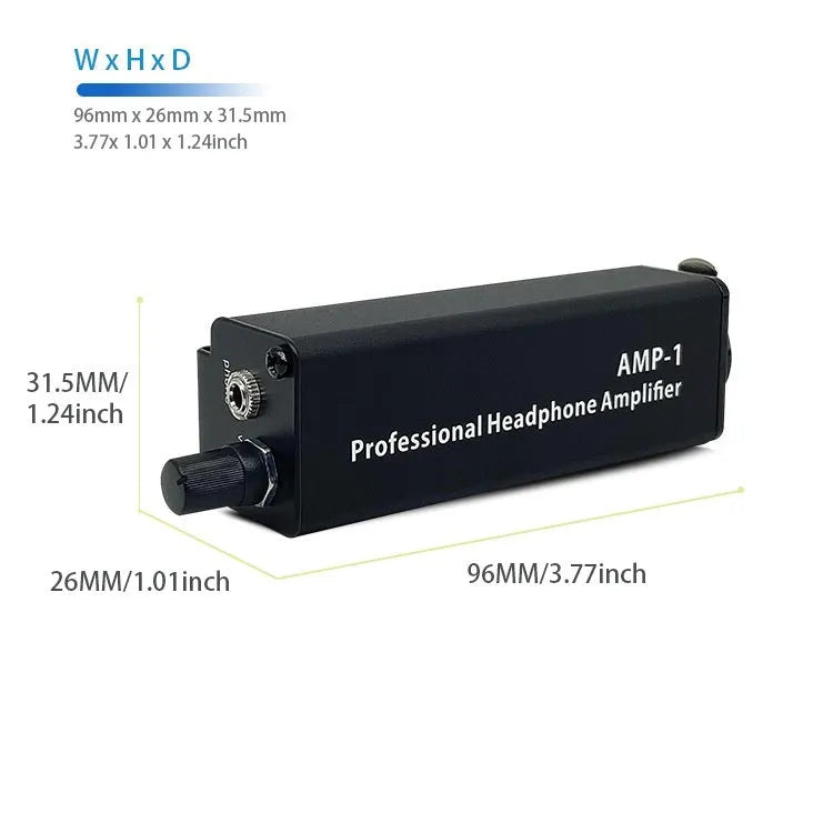 Headphone volume adjustment converter with XLR interface, AMP1 model, compact size 9.6cm x 2.6cm x 3.15cm