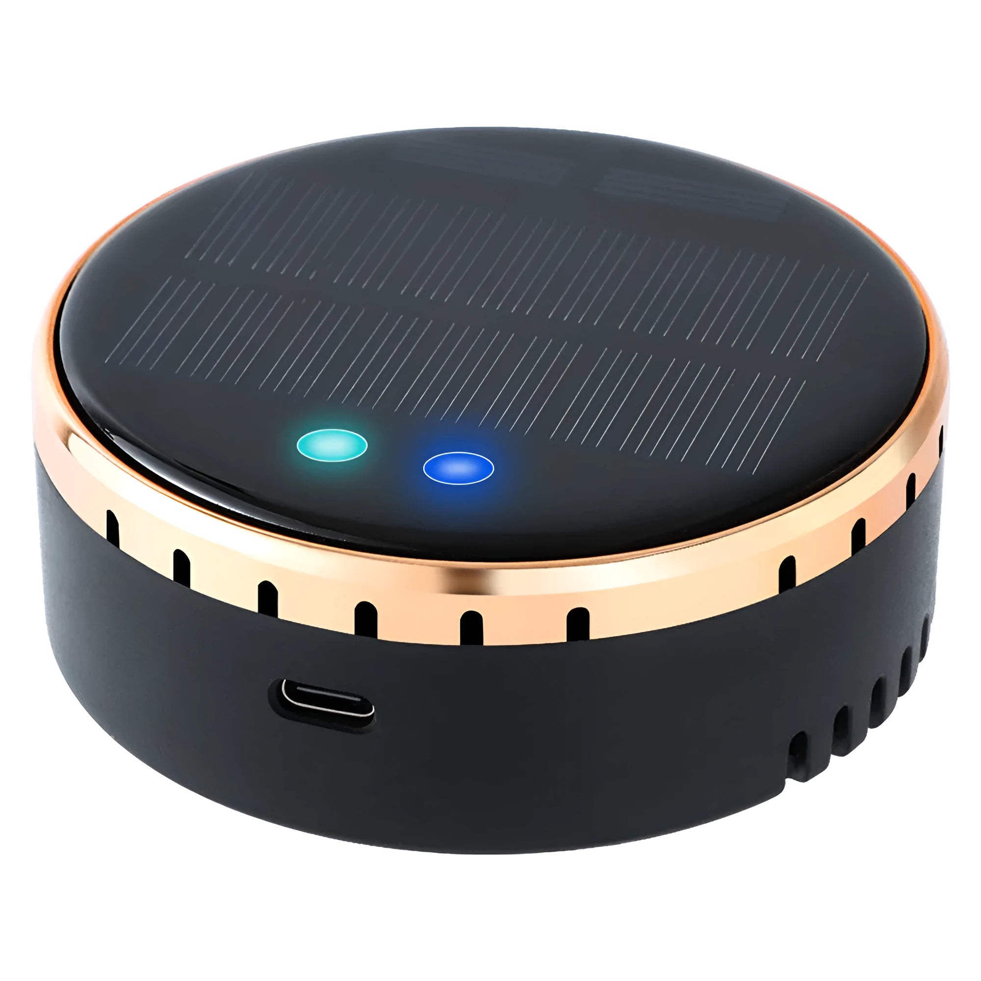 Compact black solar-powered car air humidifier installed in a vehicle air vent.