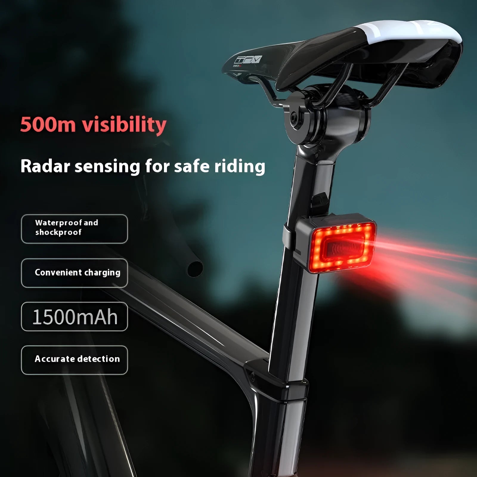 Black radar bicycle tail light with double mounting bracket on a bike seat post
