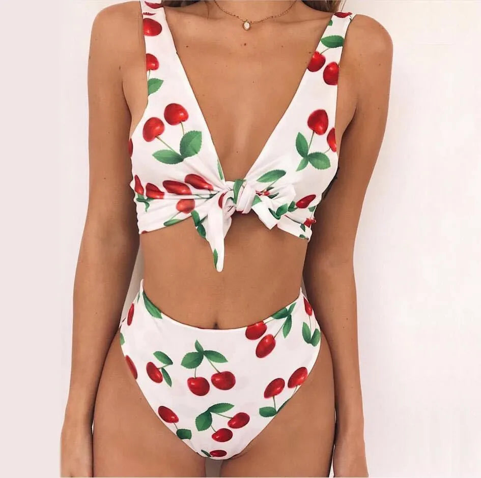 Knotted double-sided bikini swimsuit in polyester spandex, yellow flower orchid white flower, sizes L M S