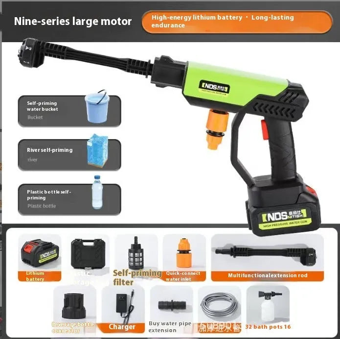 Green wireless high-pressure water gun with multiple nozzle attachments on a garden patio.