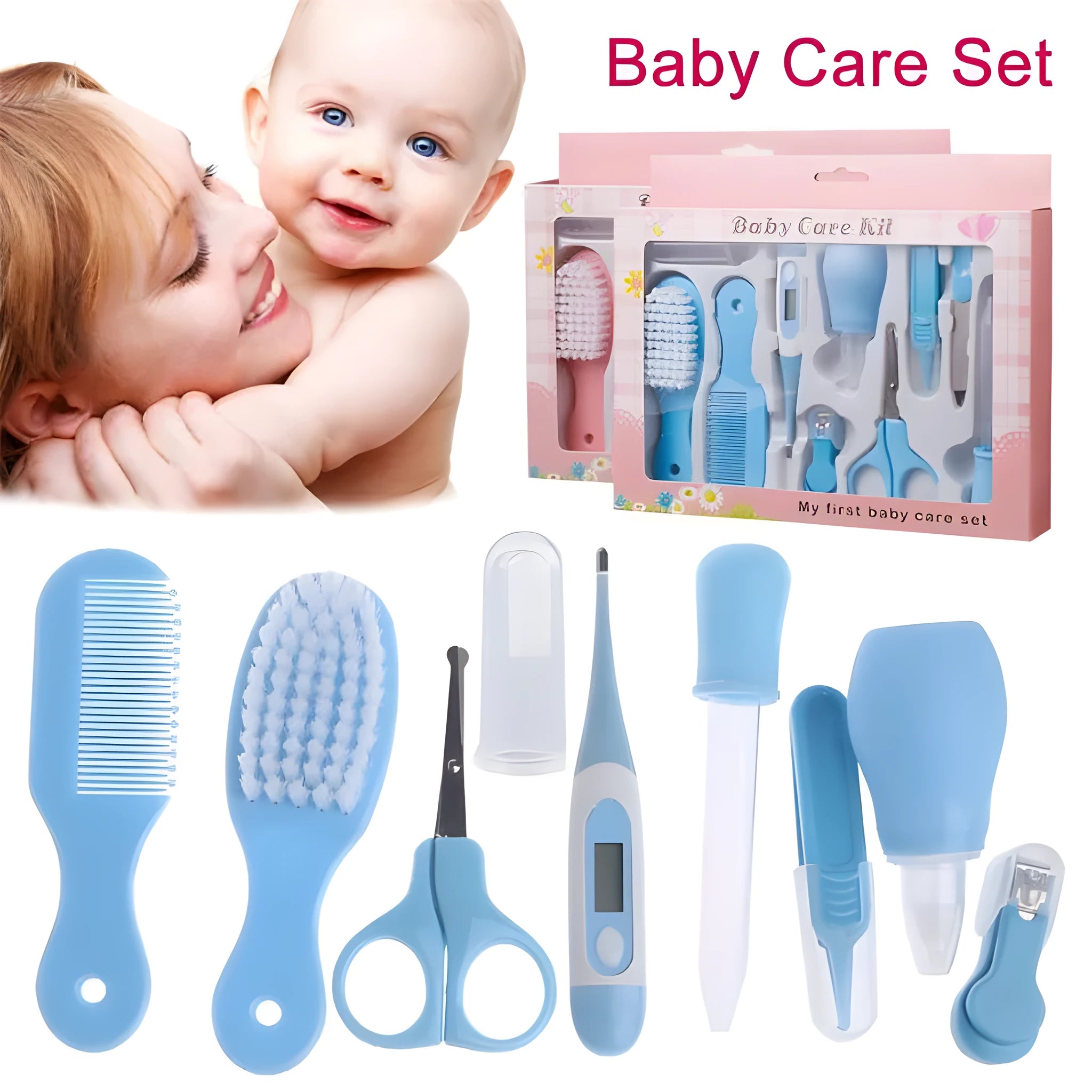 Portable baby health suit 9-piece grooming set in pink with scissors, clippers, comb and thermometer on white background