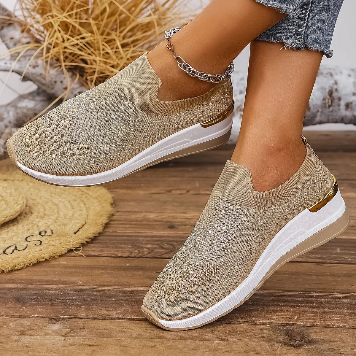 Women's wedge pumps with rhinestone decoration, round toe, mesh upper, low heel 1-3cm