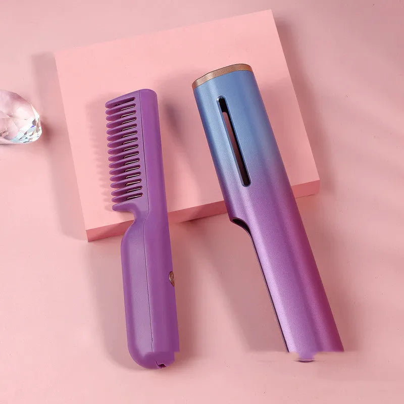 Wireless USB hair straightening comb with tourmaline ceramic heating in 3D gradient green finish