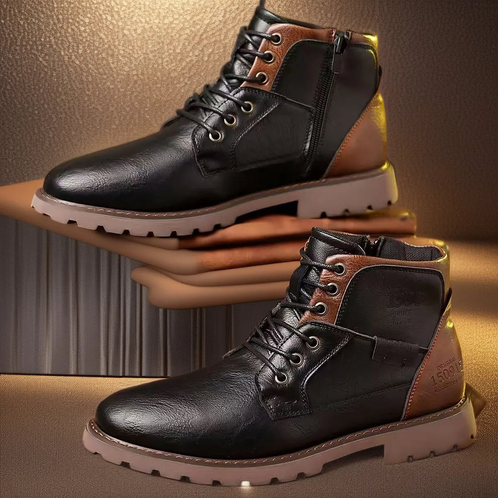 Men's brown leather-look PU ankle boot with side zipper and rubber sole