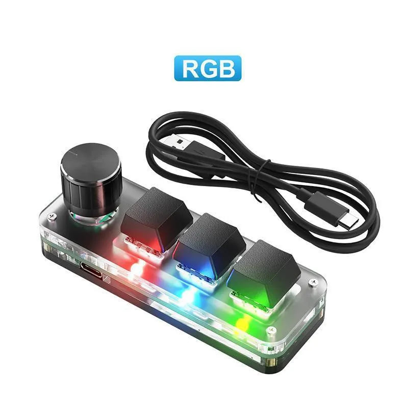Black and white programmable macro keyboard with RGB backlight showing 15cm size next to USB cable