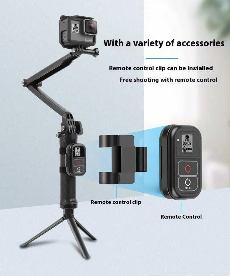 Black portable folding tripod for GoPro action cameras with collapsed storage design