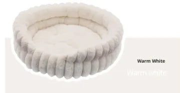 Round plush cloth cat bed with straight rabbit design, available in 40cm, 50cm and 60cm diameters and four colours