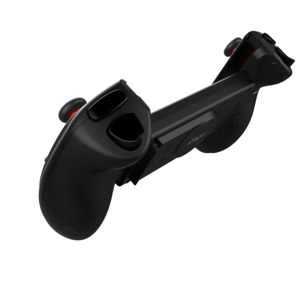 Red telescopic Bluetooth gamepad controller holding a smartphone for mobile gaming.