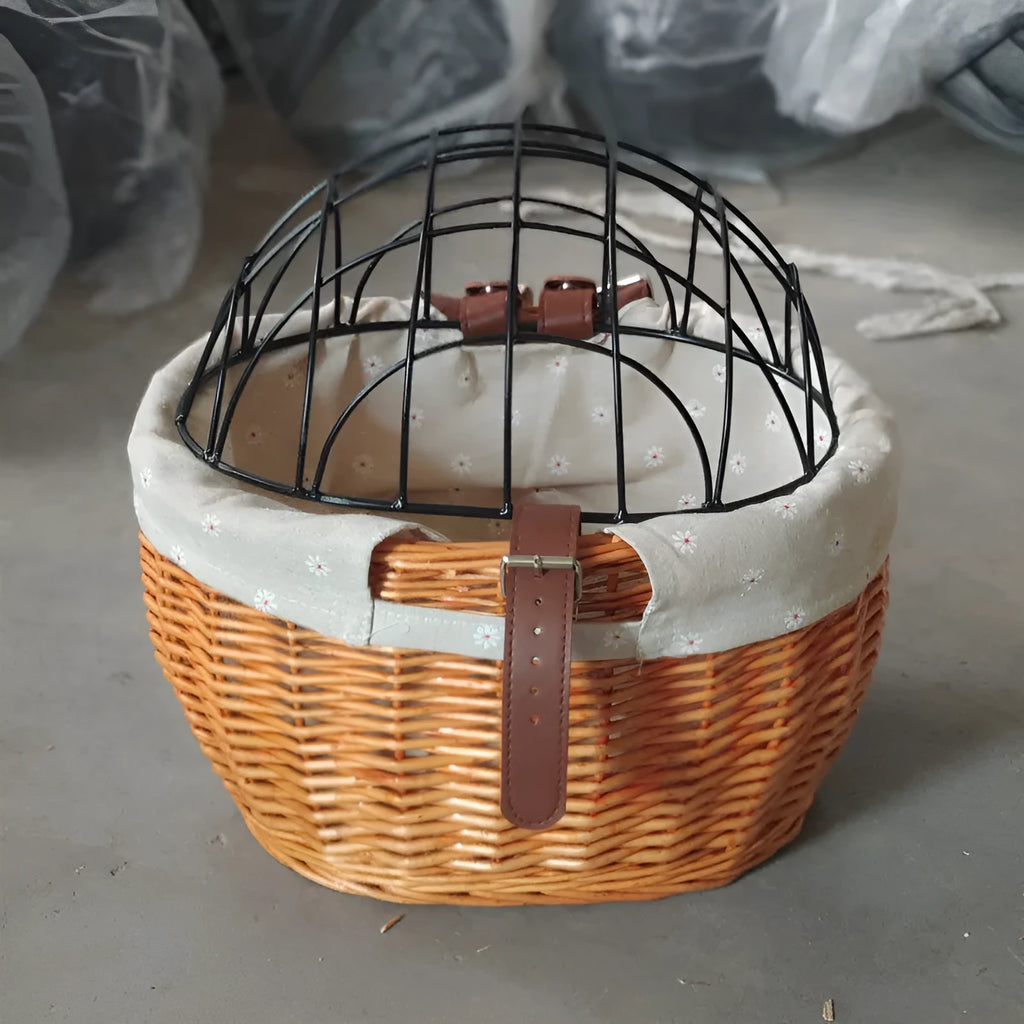 Honey wicker bicycle front handle basket for cats and dogs, medium size, mounted on handlebars