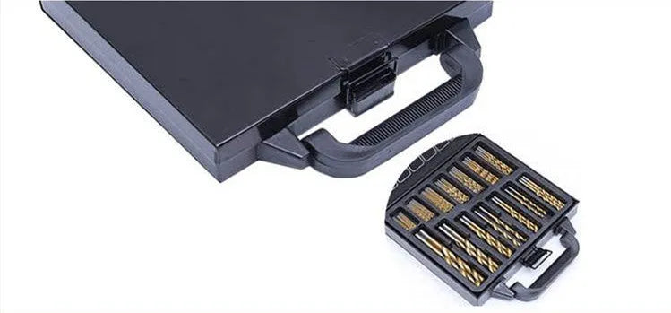 Set of high speed steel titanium plated twist drills in black finish with various sizes