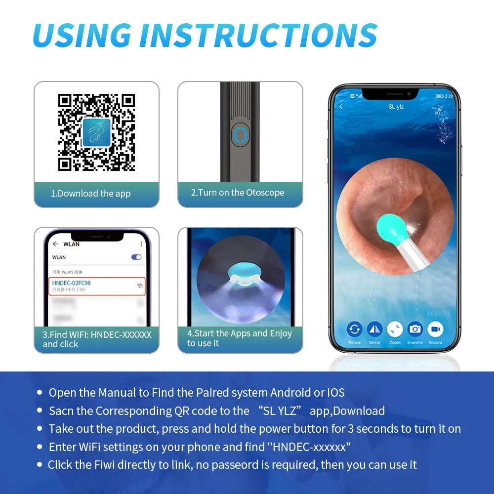 NE3 wireless ear cleaner otoscope with camera, spoon heads, and charging cable on white background