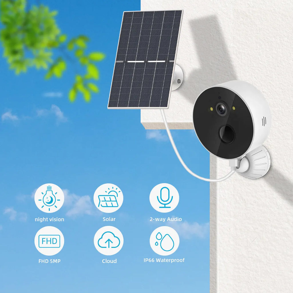 Outdoor security camera with separate solar panel on a wall mount for garden surveillance.