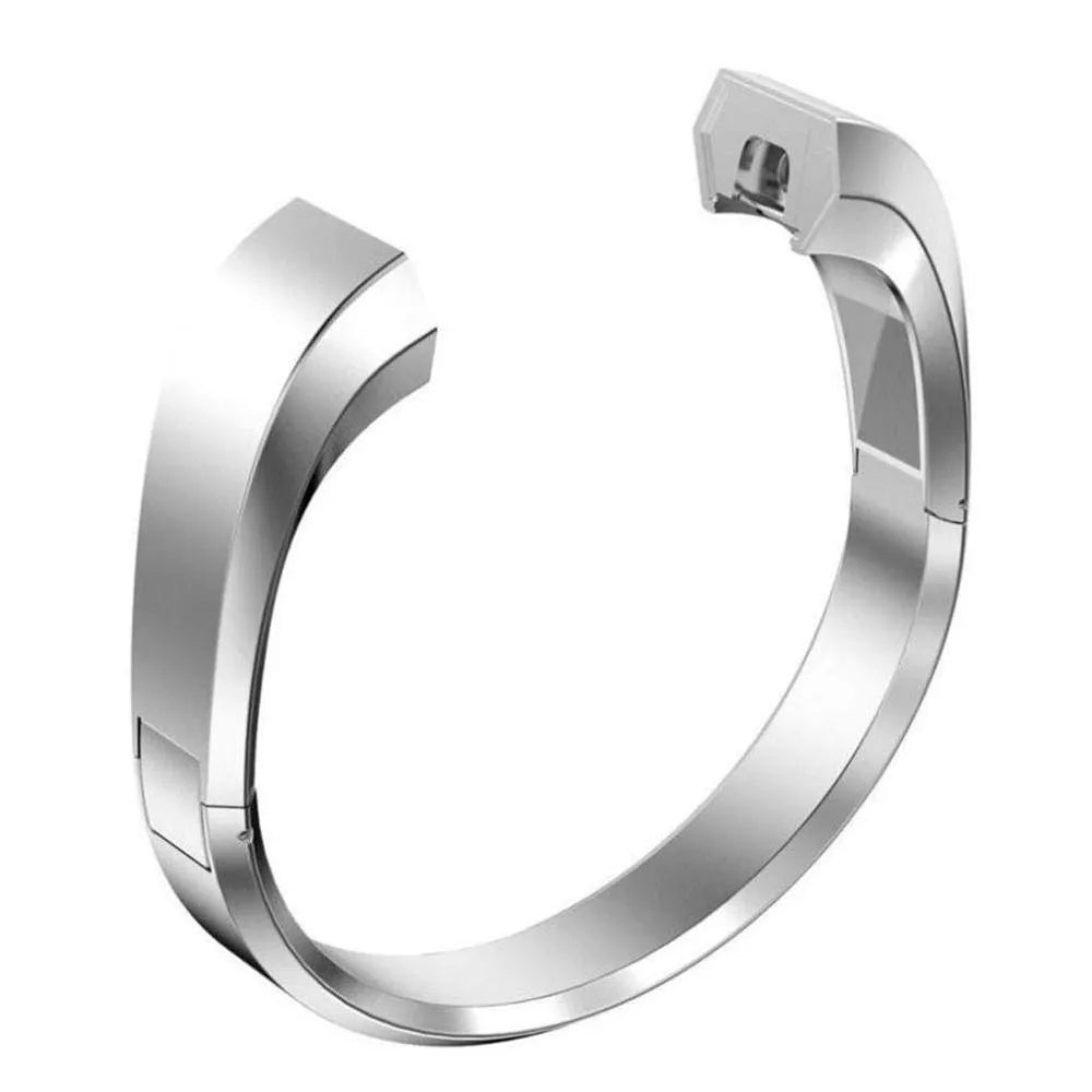 Fitbit Alta smart watch with a stainless steel replacement bracelet strap featuring a deployment buckle, shown in silver finish.