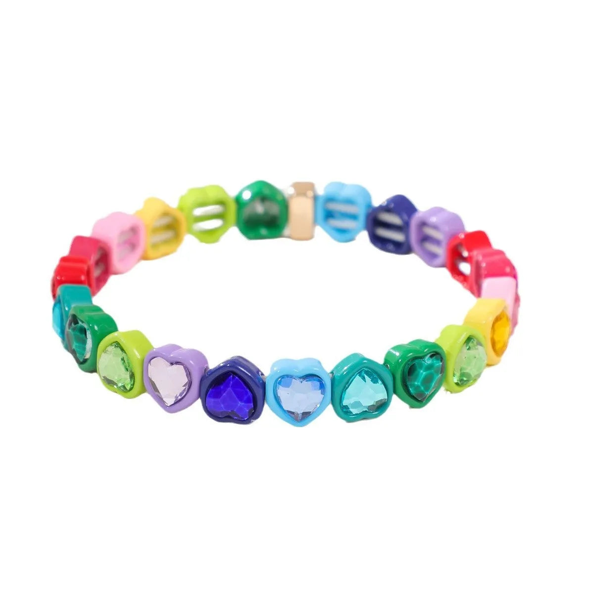Colourful enamel heart-shaped stretch bracelet on a wrist showing the alloy and elastic band construction.