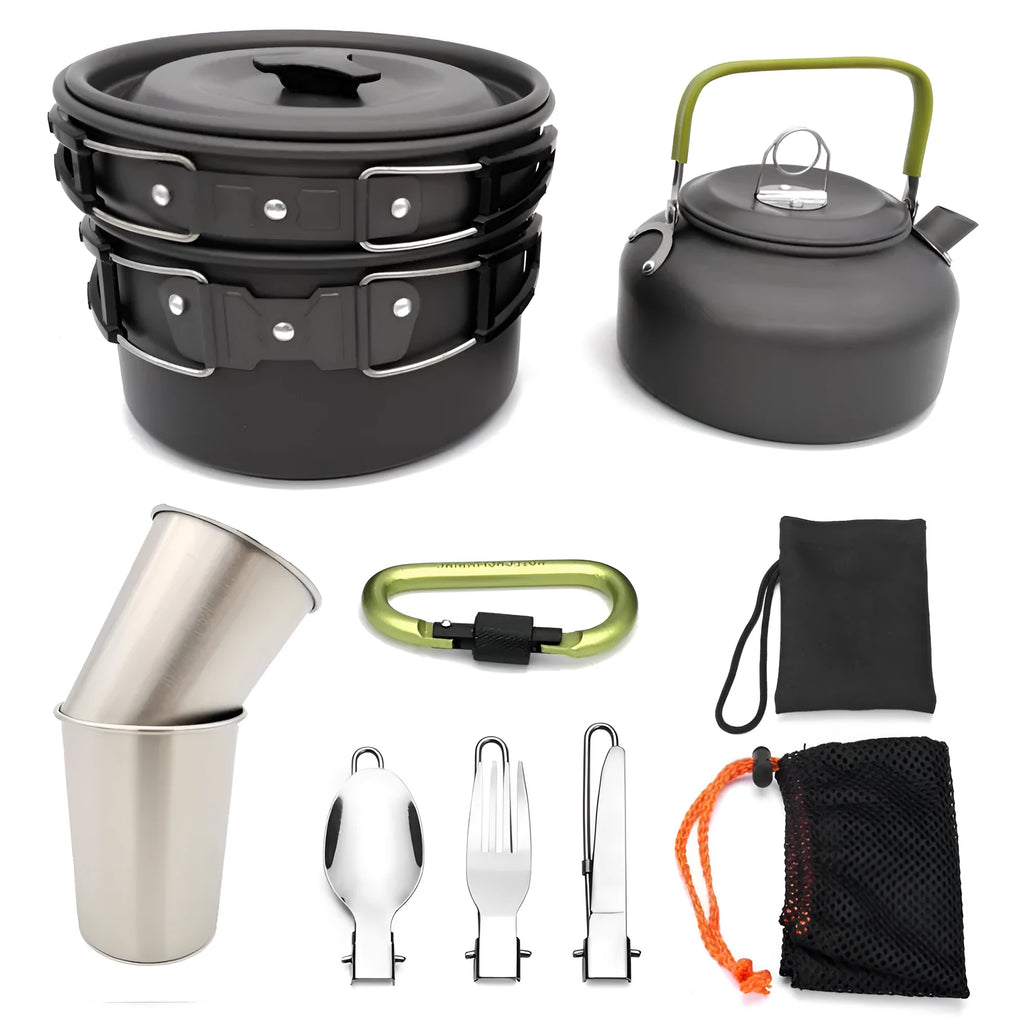 Hard alumina camping cookware set with boiler, frying pan, 800 ml teapot, two stainless steel cups and mesh bag