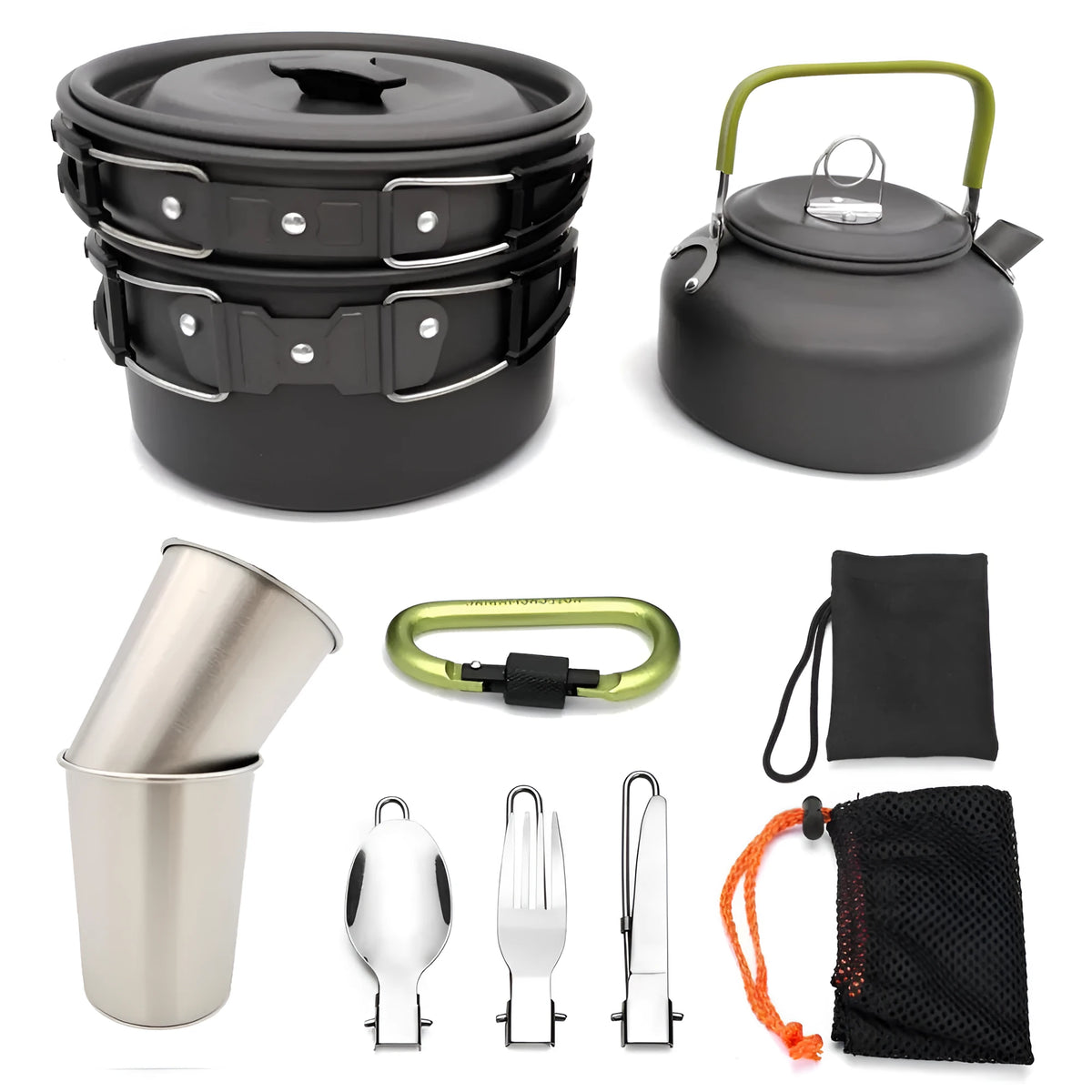 Hard alumina camping cookware set with boiler, frying pan, 800 ml teapot, two stainless steel cups and mesh bag