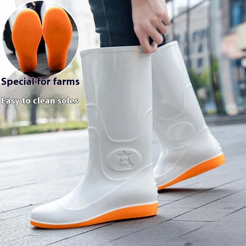 Men's white plastic high ankle rain boots with flat sole and round toe design