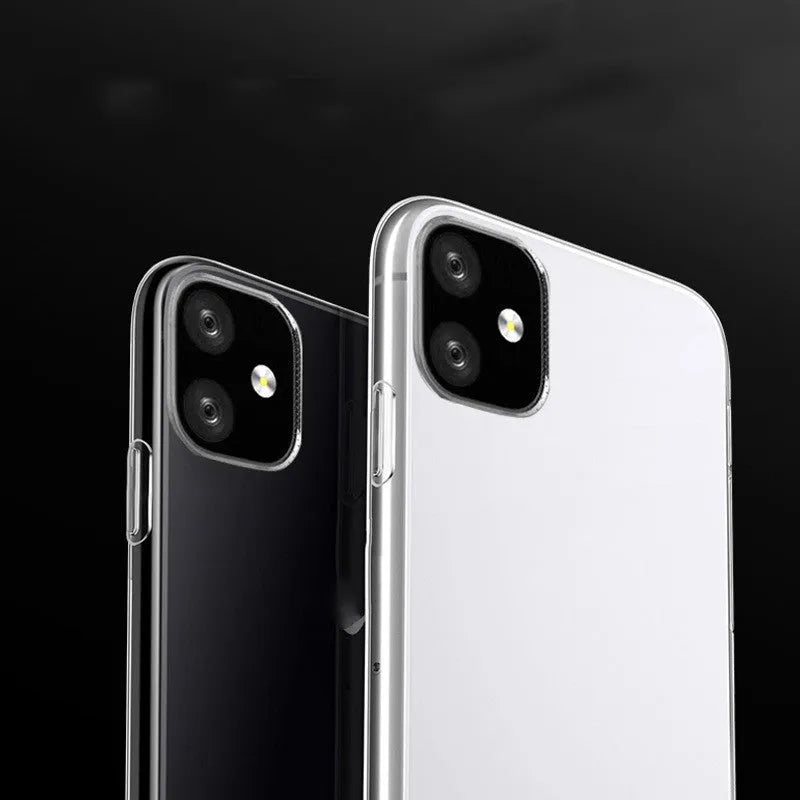 Transparent TPU soft shell protective case for various iPhone models on a table.