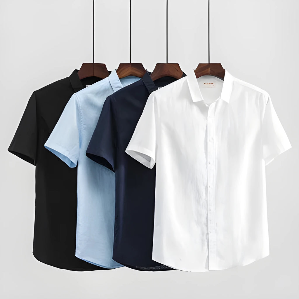 Men's square collar linen blend short sleeve shirt in loose cardigan style available in multiple colours