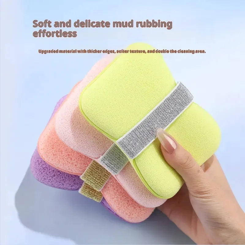 Soap bag bath sponge in hydrophilic polyurethane, 12x8.5x2cm, with foaming cotton, in Cherry Blossom Pink or Mango Yellow.