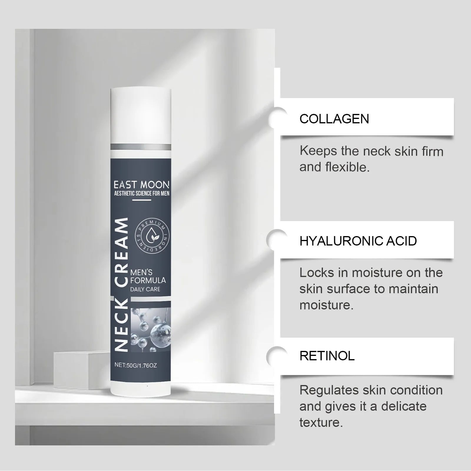 50g jar of men's neck cream with collagen and hyaluronic acid for anti-ageing skincare
